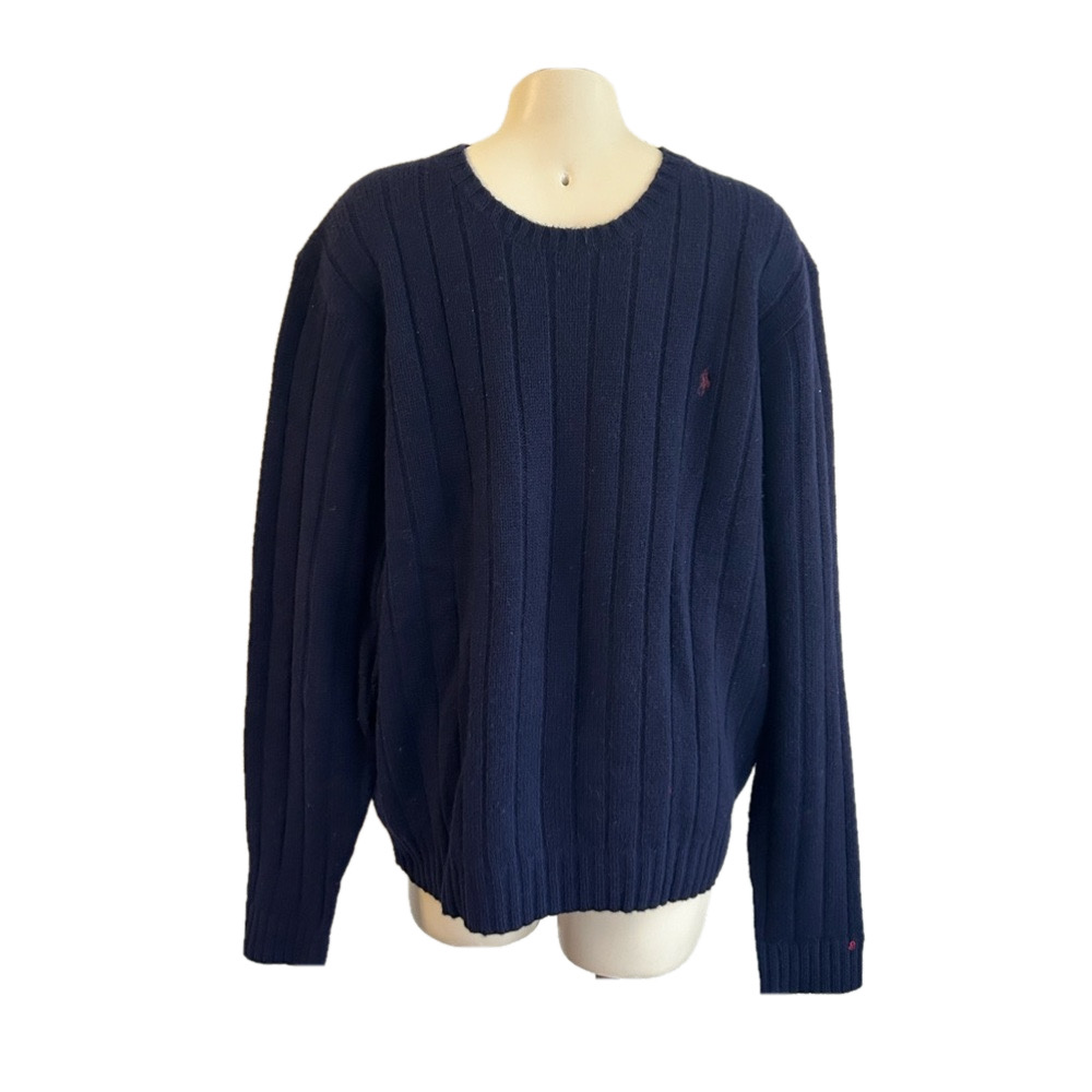 Polo Ralph Lauren Lambswool Crew‎ Neck Sweater Cable Knit Mens Navy Blue XL